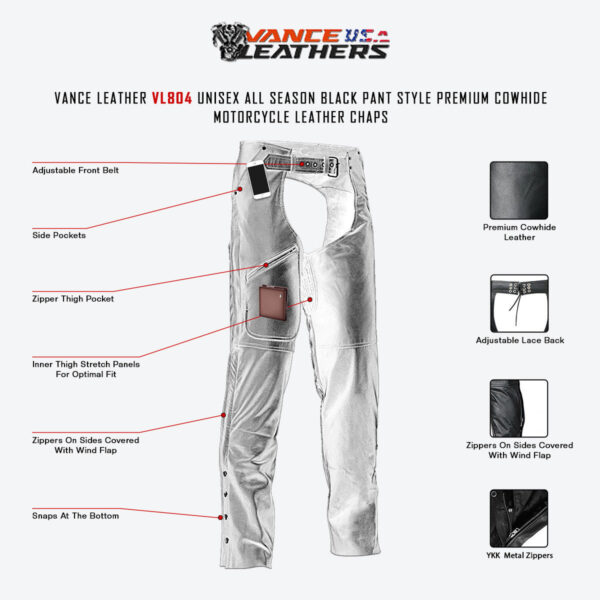 Vance Leather Unisex All Season Black Pant Style Premium Cowhide Motorcycle Leather Chaps - Image 5