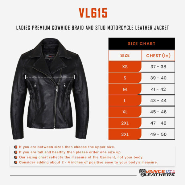 Vance Leather Women's Black Soft Cowhide Braided and Studded Biker Motorcycle Riding Jacket - Image 15