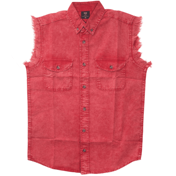 Vance VB734 - Men's Biker Motorcycle Red Acid Wash Cut Off Sleeveless Shirt