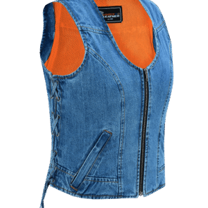 Women's Blue Denim V Neck Vest with Zipper & Side Laces
