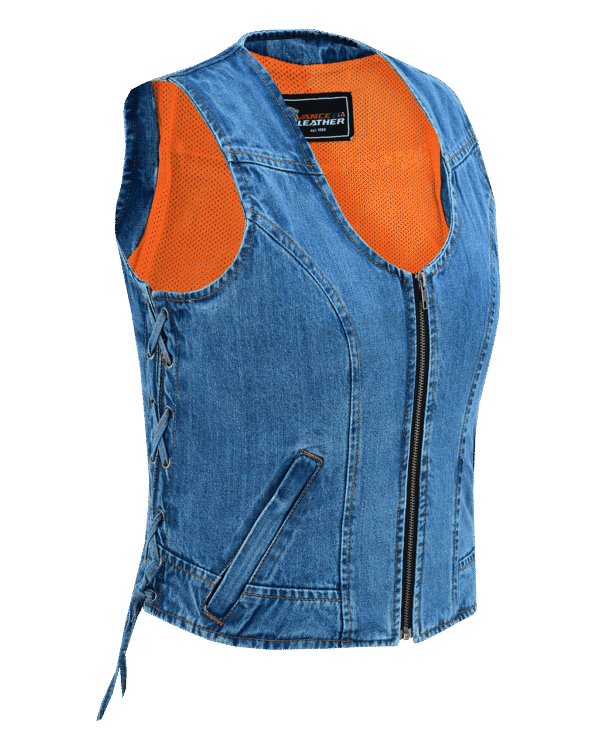 Women's Blue Denim V Neck Vest with Zipper & Side Laces