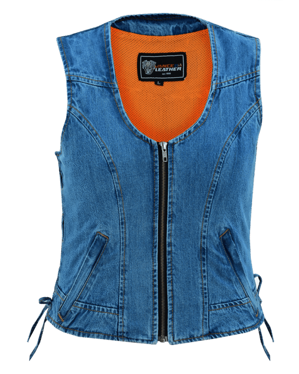Women's Blue Denim V Neck Vest with Zipper & Side Laces - Image 2