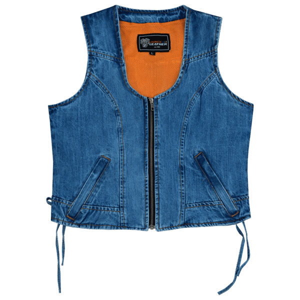 Women's Blue Denim V Neck Vest with Zipper & Side Laces - Image 3