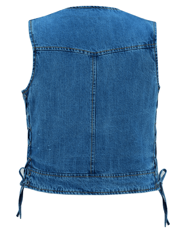 Women's Blue Denim V Neck Vest with Zipper & Side Laces - Image 4