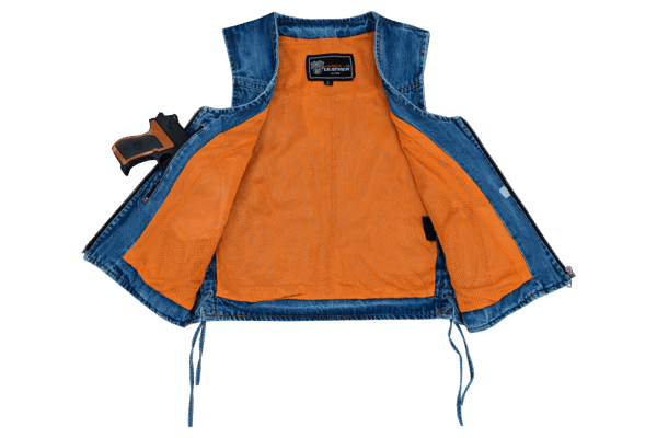 Women's Blue Denim V Neck Vest with Zipper & Side Laces - Image 6
