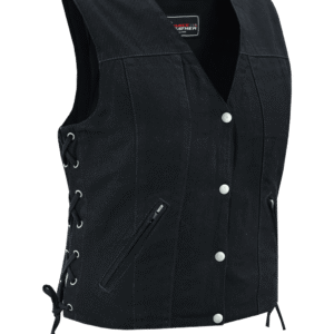 Womens Black Denim V Neck with Snap Opening & Side Laces Motorcycle Vest