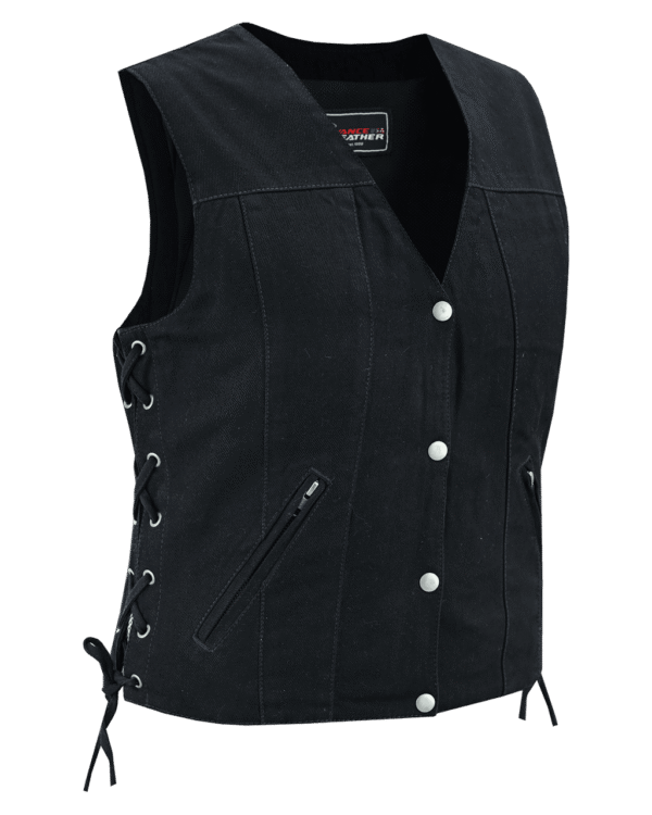 Womens Black Denim V Neck with Snap Opening & Side Laces Motorcycle Vest