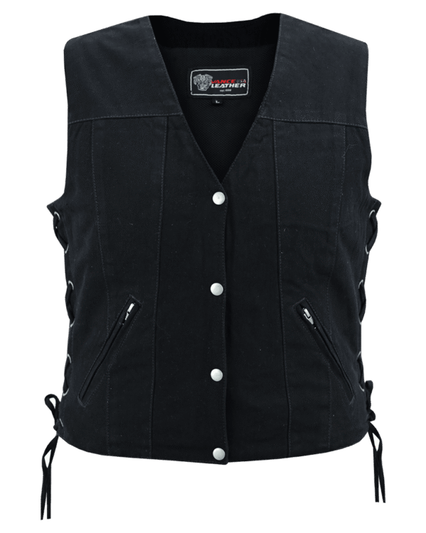 Womens Black Denim V Neck with Snap Opening & Side Laces Motorcycle Vest - Image 2
