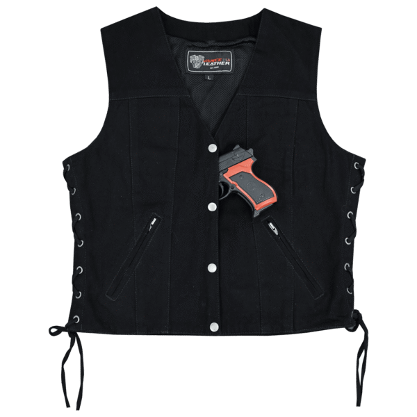Womens Black Denim V Neck with Snap Opening & Side Laces Motorcycle Vest - Image 3