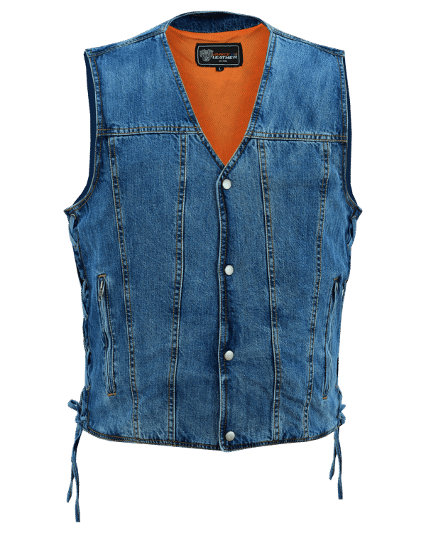 Vance Mens Blue V-Neck Denim Vest for Motorcycle Riders - Image 2