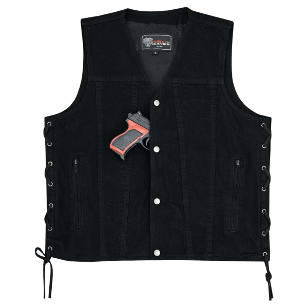 Vance Men's Black V-Neck Denim Vest for Motorcycle Riders - Image 2