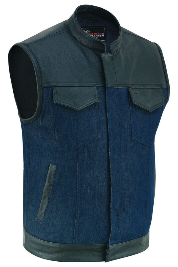 Mens Blue Motorcycle Denim Vest SOA Club Vest with Leather trims - Image 2