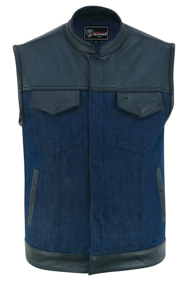 Mens Blue Motorcycle Denim Vest SOA Club Vest with Leather trims - Image 3