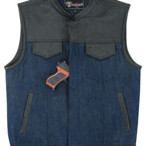 Mens Blue Motorcycle Denim Vest SOA Club Vest with Leather trims