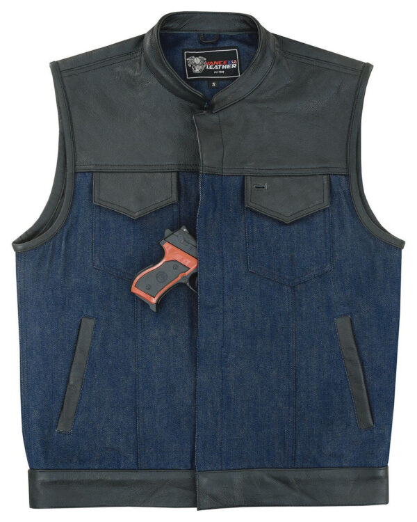 Mens Blue Motorcycle Denim Vest SOA Club Vest with Leather trims