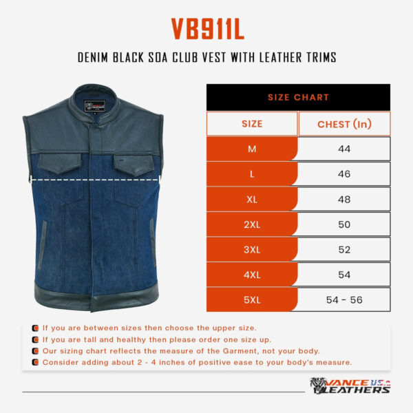 Mens Blue Motorcycle Denim Vest SOA Club Vest with Leather trims - Image 7