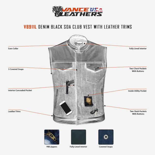 Mens Blue Motorcycle Denim Vest SOA Club Vest with Leather trims - Image 8