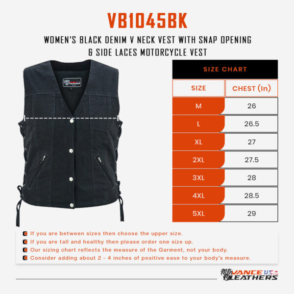 Womens Black Denim V Neck with Snap Opening & Side Laces Motorcycle Vest - Image 8