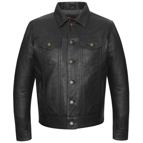 Vance Leathers' Mens Black Premium Classic Motorcycle Trucker Leather Jacket - Image 2