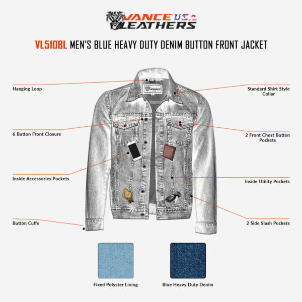 Vance Mens Blue Heavy Duty Denim Button Front Motorcycle Jacket, Jean Jacket for Men - Image 5