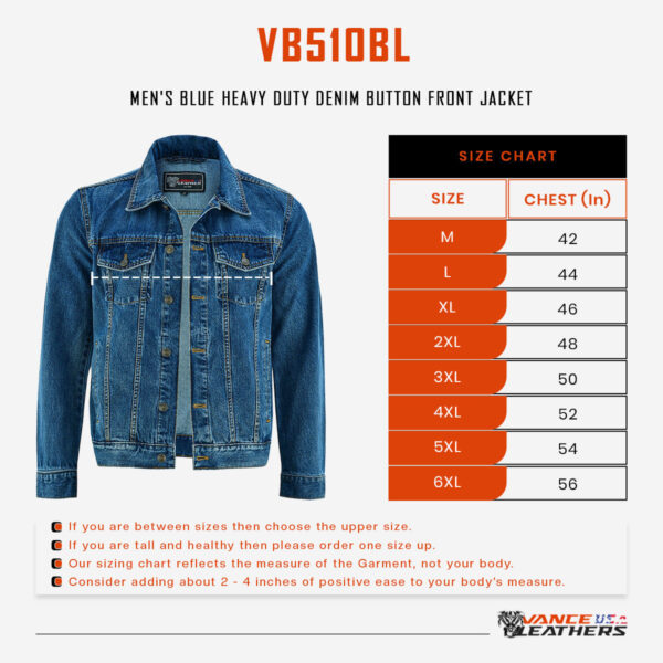 Vance Mens Blue Heavy Duty Denim Button Front Motorcycle Jacket, Jean Jacket for Men - Image 6