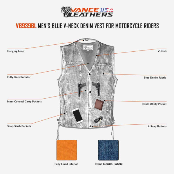 Vance Mens Blue V-Neck Denim Vest for Motorcycle Riders - Image 8