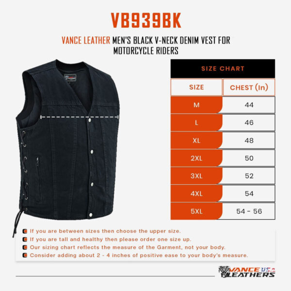 Vance Men's Black V-Neck Denim Vest for Motorcycle Riders - Image 6