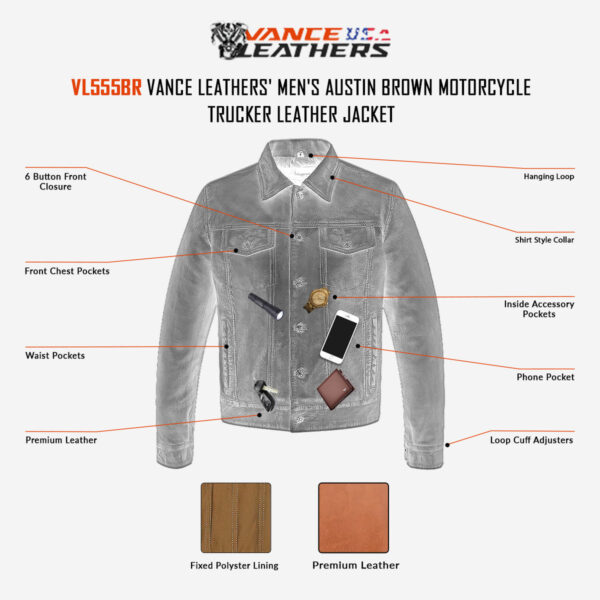 Vance Leathers' Mens Austin Brown Premium Classic Motorcycle Trucker Leather Jacket - Image 9
