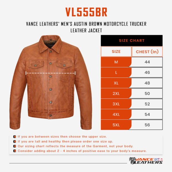 Vance Leathers' Mens Austin Brown Premium Classic Motorcycle Trucker Leather Jacket - Image 10