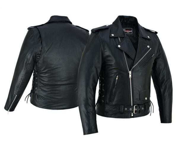 Men's Black Leather Motorcycle Jacket with CE Armor, Classic Biker Style w/ Side Lace & Belted Waist - Image 2