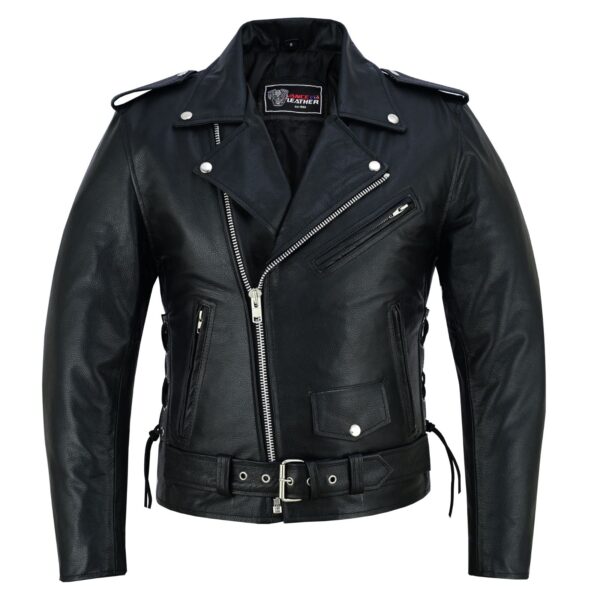 Men's Black Leather Motorcycle Jacket with CE Armor, Classic Biker Style w/ Side Lace & Belted Waist - Image 3