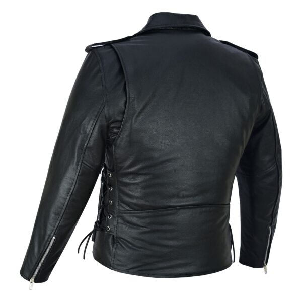 Men's Black Leather Motorcycle Jacket with CE Armor, Classic Biker Style w/ Side Lace & Belted Waist - Image 5