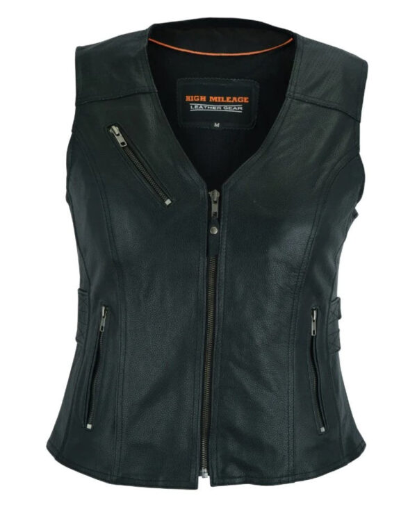 High Mileage Womens Black Premium Cowhide Biker Motorcycle Leather Vest With Buckles - Image 12