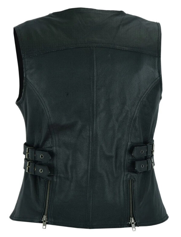 High Mileage Womens Black Premium Cowhide Biker Motorcycle Leather Vest With Buckles - Image 11