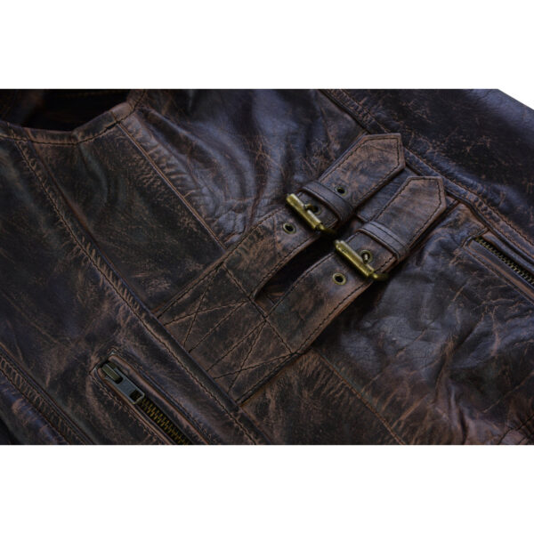 High Mileage Womens Vintage Brown Premium Cowhide Biker Motorcycle Leather Vest With Buckles - Image 11