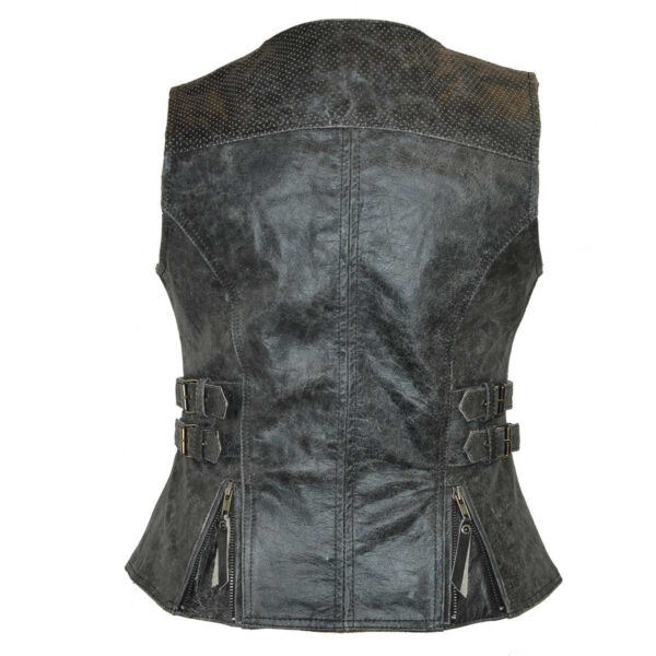 High Mileage Women's Distressed Gray Premium Cowhide Biker Motorcycle Leather Vest With Buckles - Image 6