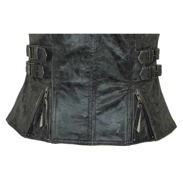High Mileage Women's Distressed Gray Premium Cowhide Biker Motorcycle Leather Vest With Buckles - Image 5