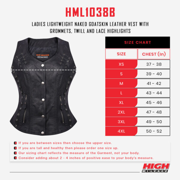 High Mileage Women's Black Premium Soft Goatskin Leather Vest With Twill Lace and Grommet Highlights - Image 5