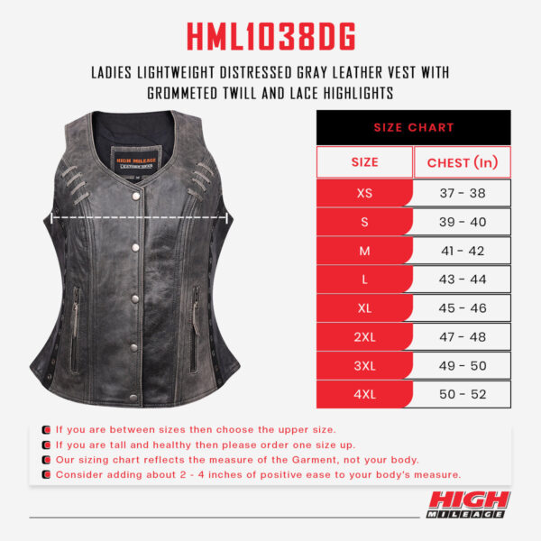 High Mileage Women's Distressed Gray Premium Soft Goatskin Leather Vest With Twill Lace and Grommet Highlights - Image 4