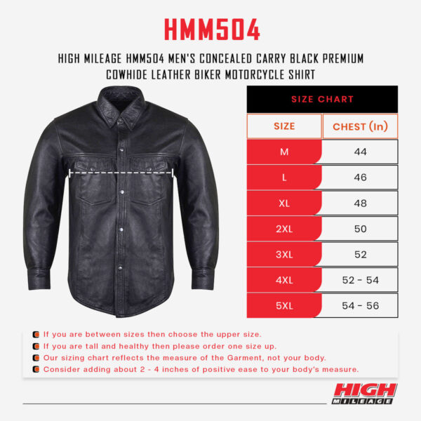 High Mileage Mens Concealed Carry Black Premium Cowhide Biker Motorcycle Leather Shirt - Image 6