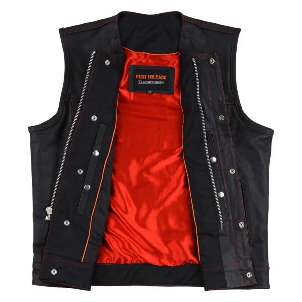 High Mileage Men's Black Premium Cowhide Leather SOA Style Club Vest With Quick Access Conceal Carry Pocket and Red Liner - Image 7