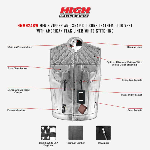 High Mileage Mens Zipper and Snap Closure Leather Club Vest with American Flag Liner White Stitching - Image 9