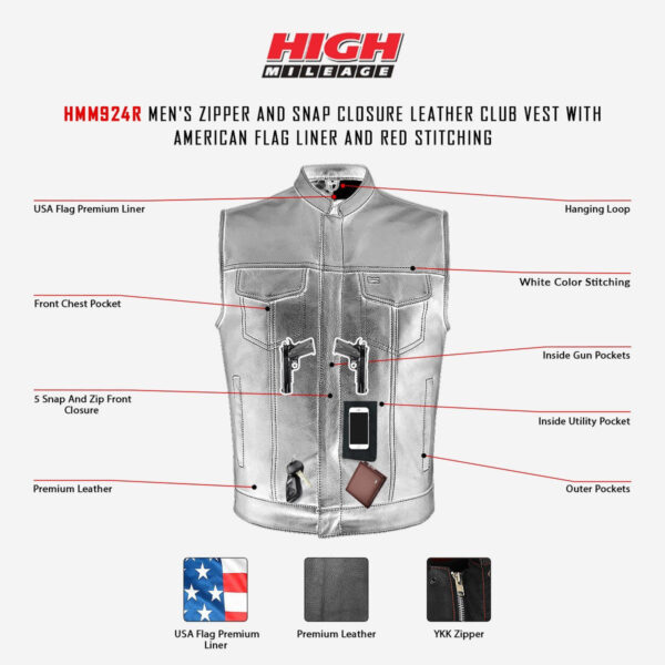 High Mileage Men's Zipper and Snap Closure Collarless Leather Club Vest with American Flag Liner and Red Stitching - Image 8