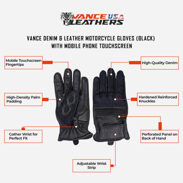 Vance Denim & Leather Motorcycle Gloves (Black) with Mobile Phone Touchscreen - Image 5