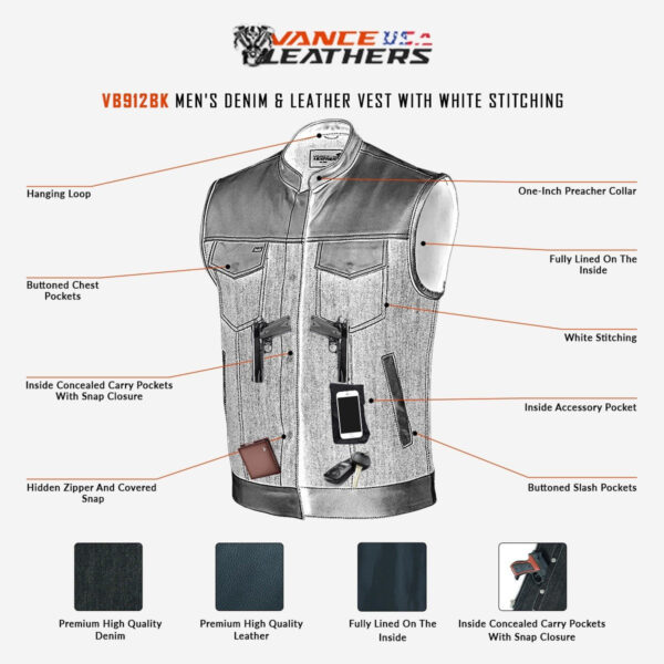 Men's Black Denim & Leather white Stitching Motorcycle Vest with Dual Conceal Carry Pockets - Image 9