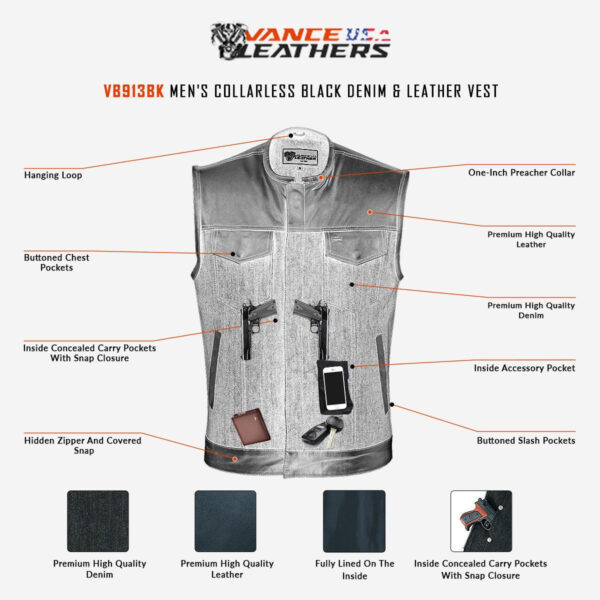 Mens Denim & Leather Motorcycle Vest with Dual Conceal Carry Pockets, SOA Biker Club Vest, Snap & Zipper Closure - Image 9