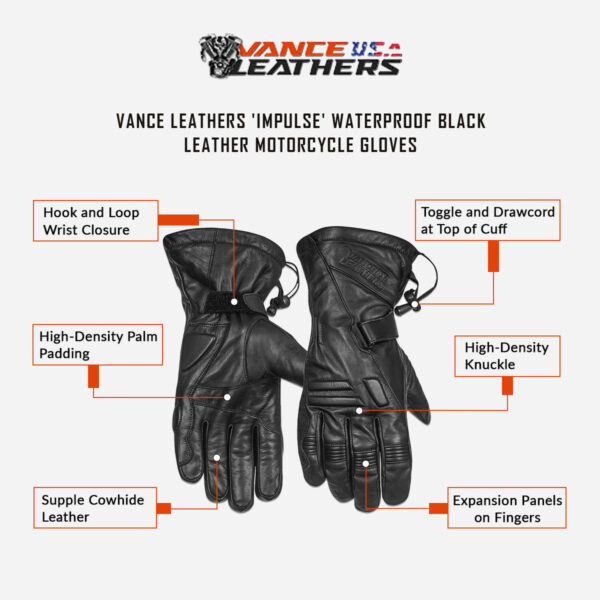Vance Leathers 'Impulse' Waterproof Black Leather Motorcycle Gloves - Image 7