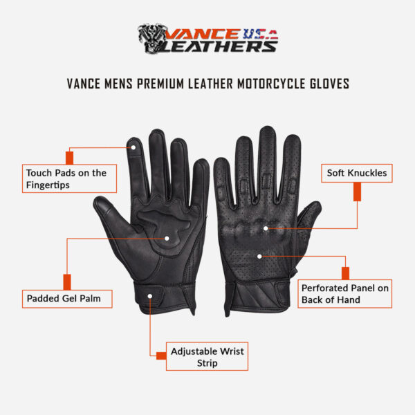 Mens Premium Leather Perforated Cruiser Gloves with Knuckle Protection - Touchscreen Motorcycle Gloves - Image 7