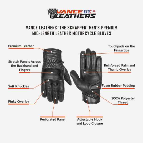 Vance Leathers 'The Scrapper' Men's Premium Mid-Length Leather Motorcycle Gloves - Image 7