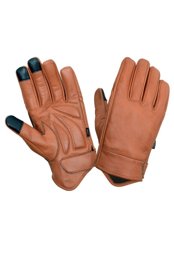 Men’s Premium Brown Leather Motorcycle Gloves, Riding Gloves w/ Gel Palm Padding & Touchscreen Fingertips - Image 2